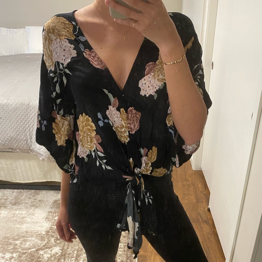 Black floral print tie top